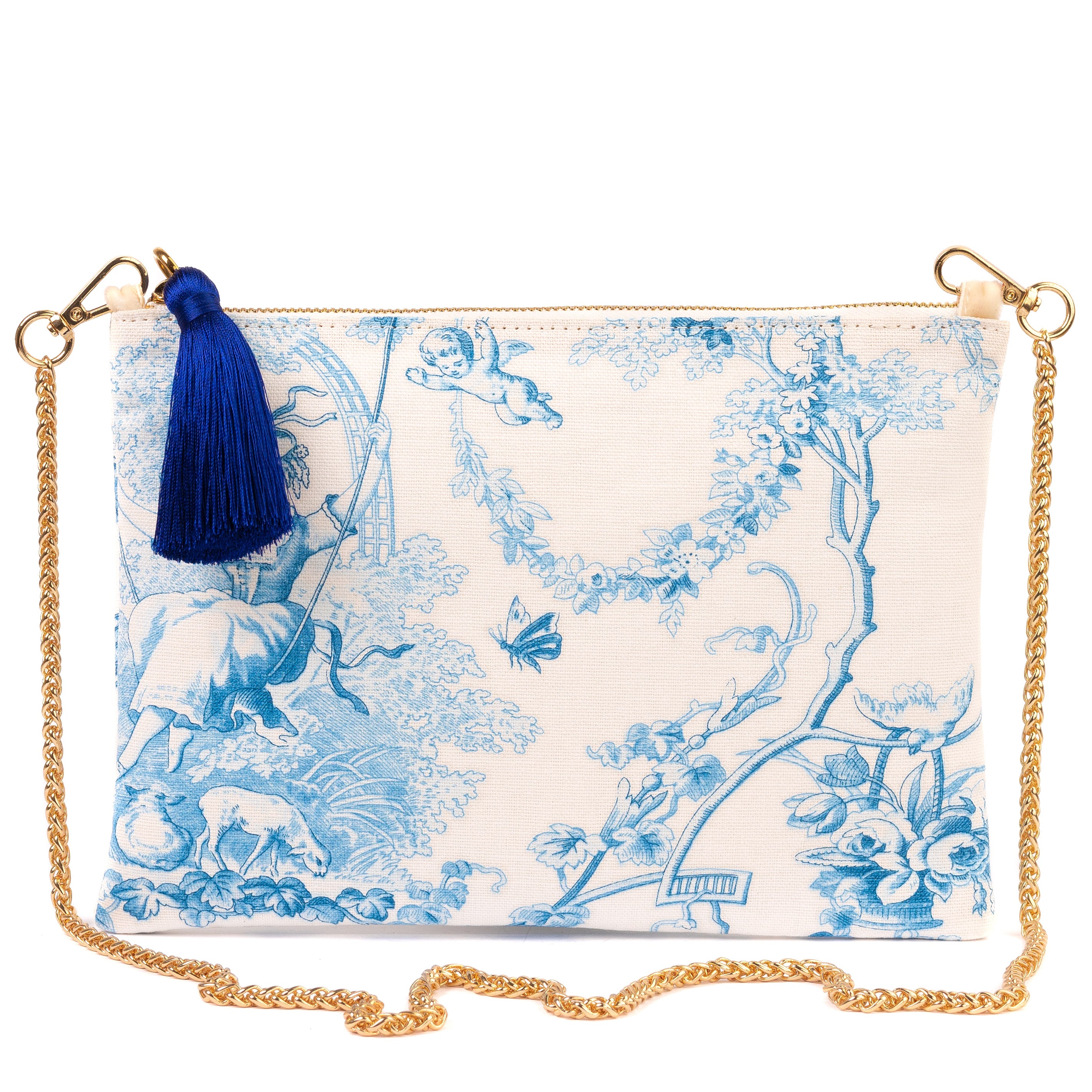 Quasten Pochette Toile de Jouy - weiß / blau